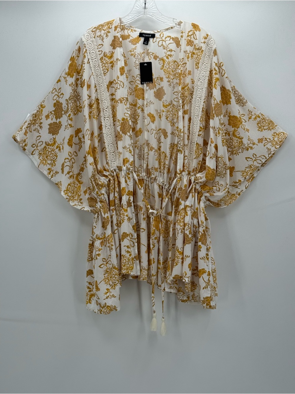 Chico’s Boho Floral Kimono Top Cream Gold Lace Trim Tie Waist Flowy Blouse Sz 2 - Picture 6 of 14